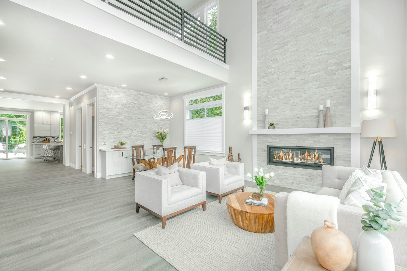 Bright living room with high ceilings